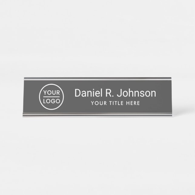 Custom logo simple dark grey desk name plate (Front)