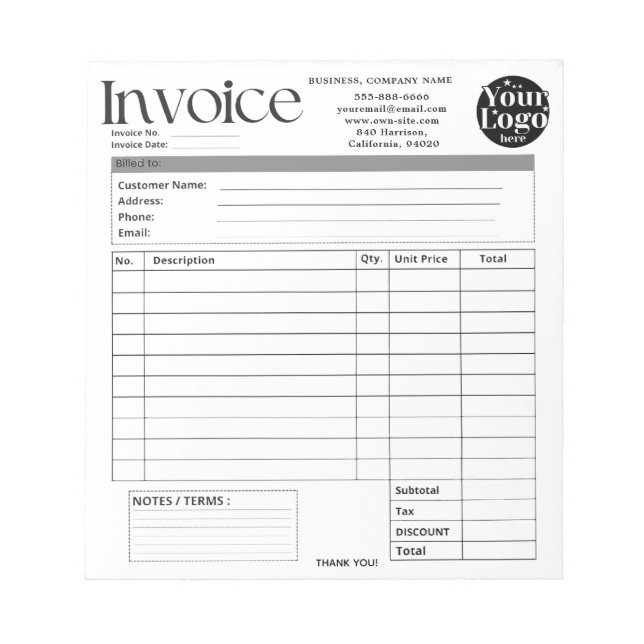 Custom Logo Small Business Invoice Sales Receipt O Notepad (Front)