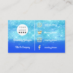 Custom Logo Social Gold QR Code Blue Sparkly Business Card