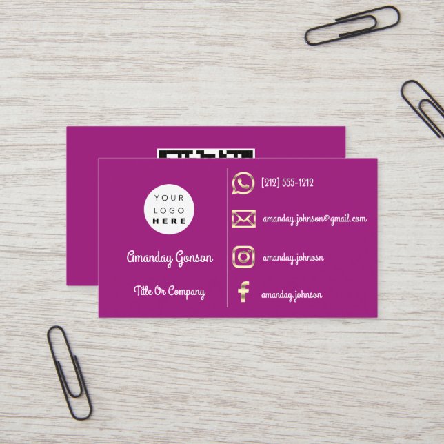  Custom Logo Social Media Gold QR Code Purple Business Card (Front/Back In Situ)