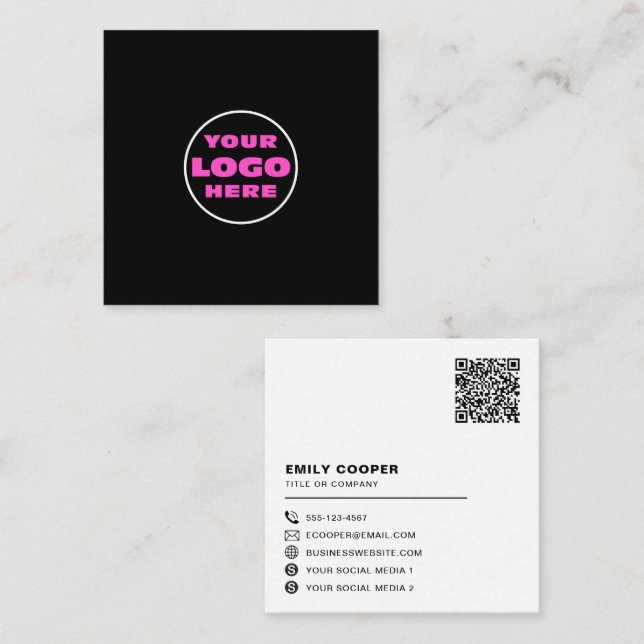 custom logo social media icons QR code black Square Business Card (Front/Back)