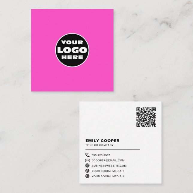 custom logo social media icons QR code hot pink Square Business Card (Front/Back)