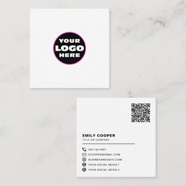 custom logo social media icons QR code white Square Business Card (Front/Back)