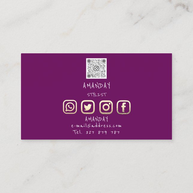 Custom Logo Social Media QR Code Gold Purple Business Card (Back)