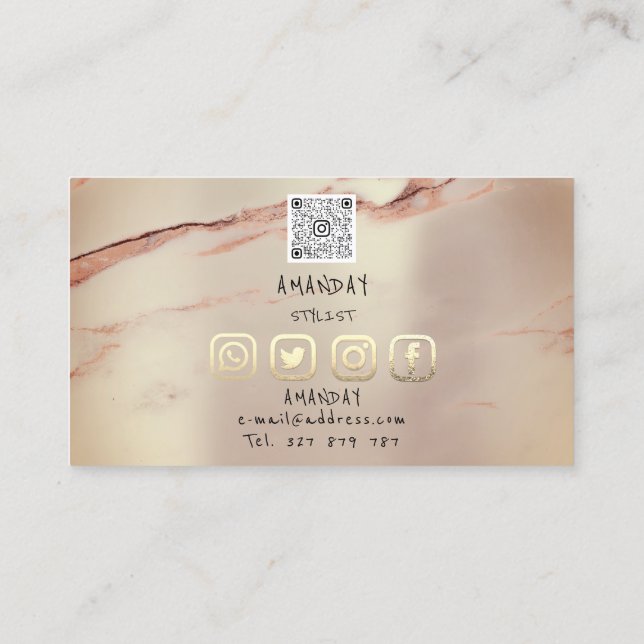 Custom Logo Social Media QR Code Rose Marble Business Card (Back)