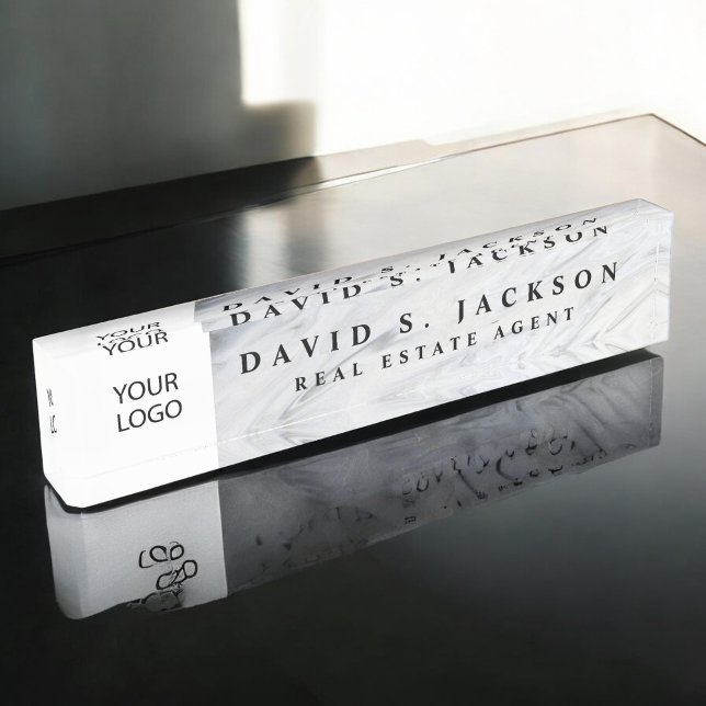 Custom Logo White Grey Marble Elegant Professional Nameplate (Creator Uploaded)