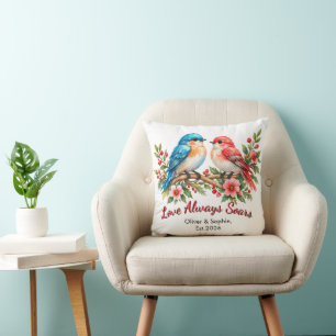 Custom Love Birds Watercolor Wedding Anniversary Throw Pillow