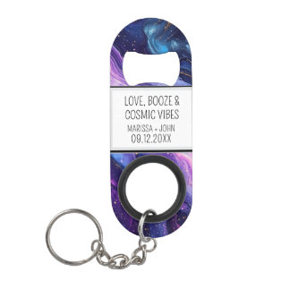 Custom Love, Booze, & Cosmic Vibes Wedding Keychain Bottle Opener