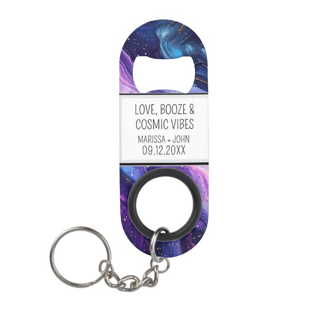 Custom Love, Booze, & Cosmic Vibes Wedding Keychain Bottle Opener (Front)