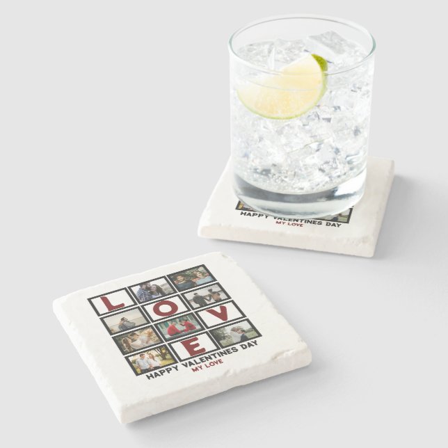 Custom Love Happy Valentines Day 8 Photo Collage Stone Coaster (Side)