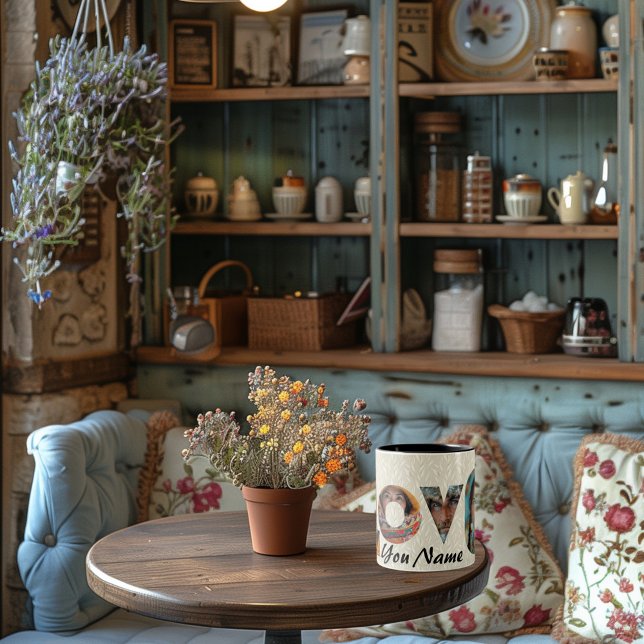 Custom LOVE photo collage & name, beige background Two-Tone Coffee Mug (Creator Uploaded)