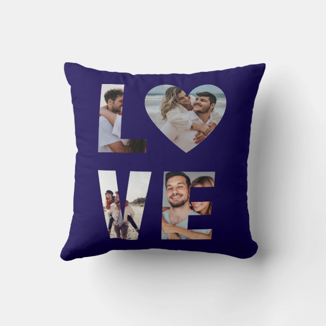 Custom LOVE Photo Collage Navy Blue Throw Pillow (Back)