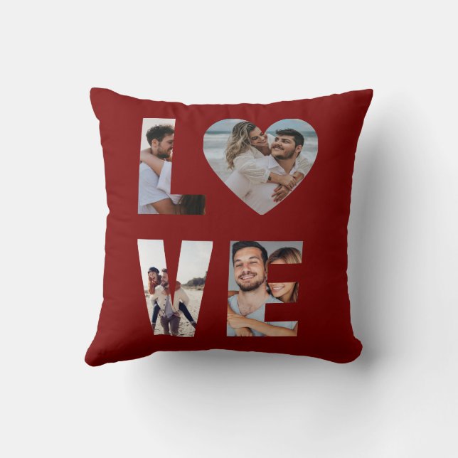 Custom LOVE Photo Collage Red Throw Pillow (Back)
