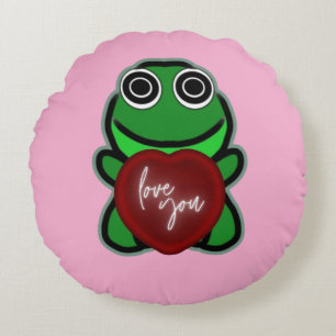 Custom Love You Kawaii Frog Heart Gift Round Pillow