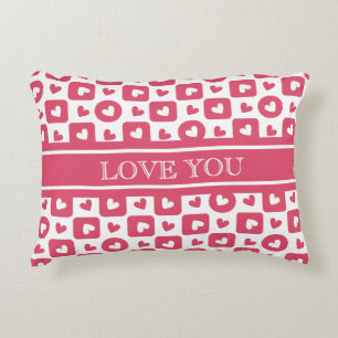 Custom "Love You" Pink Checkered Heart Accent Pillow