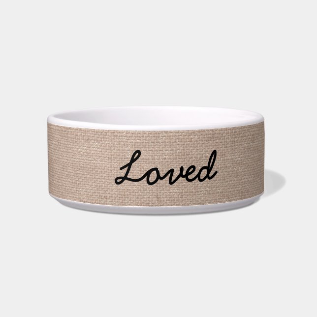 Custom "Loved" faux burlap dog puppy name personal Bowl (Right)