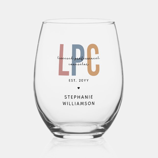 Custom LPC Licensed Professional Counsellor Stemless Wine Glass (Front)