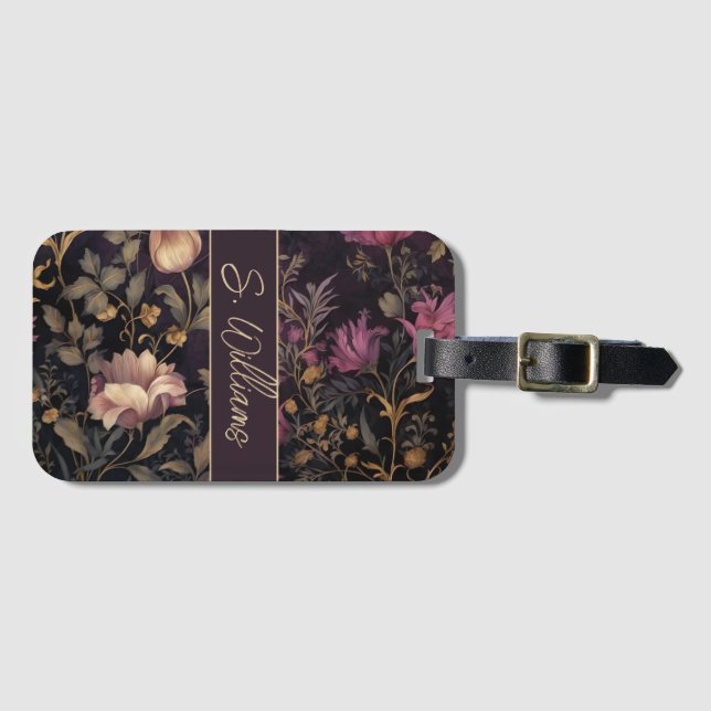 custom luggae tag with dark flower pattern (Front Horizontal)