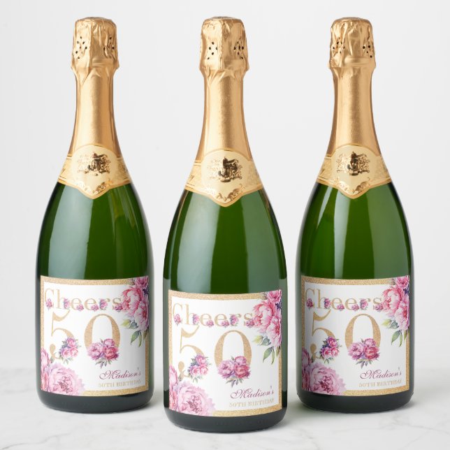 Custom Luxury 50th Birthday Pink Gold Glitter Sparkling Wine Label (Bottles)