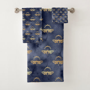 Custom Luxury Gold Bee Navy Night Celestial Bath Towel Set
