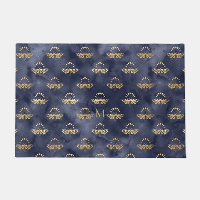 Custom Luxury Gold Bee Navy Night Celestial Doormat (Front)