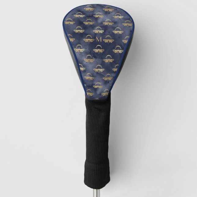 Custom Luxury Gold Bee Navy Night Celestial Golf Head Cover (Front)