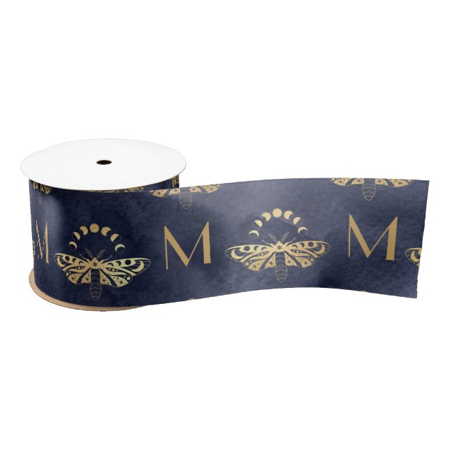 Custom Luxury Gold Bee Navy Night Celestial Satin Ribbon (Spool)