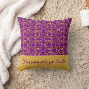 Custom Luxury Gold Floral Damask on Royal Purple Throw Pillow