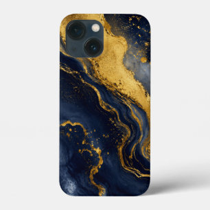 Custom Luxury Navy Gold Abstract Marble Fluid Art iPhone 13 Mini Case