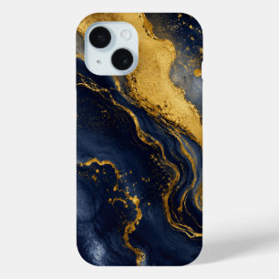 Custom Luxury Navy Gold Abstract Marble Fluid Art iPhone 15 Case