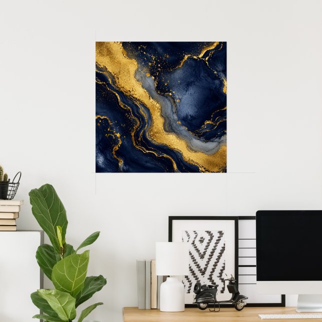 Custom Luxury Navy Gold Abstract Marble Fluid Art Poster (Home Office)