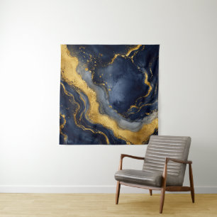 Custom Luxury Navy Gold Abstract Marble Fluid Art Tapestry