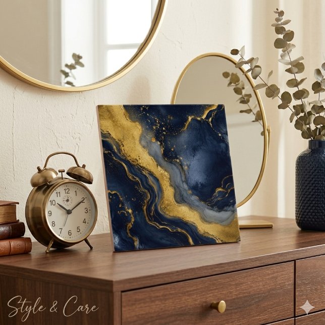 Custom Luxury Navy Gold Abstract Marble Fluid Art Tile (Custom Luxury Navy Gold Abstract Marble Fluid Art Ceramic Tile)