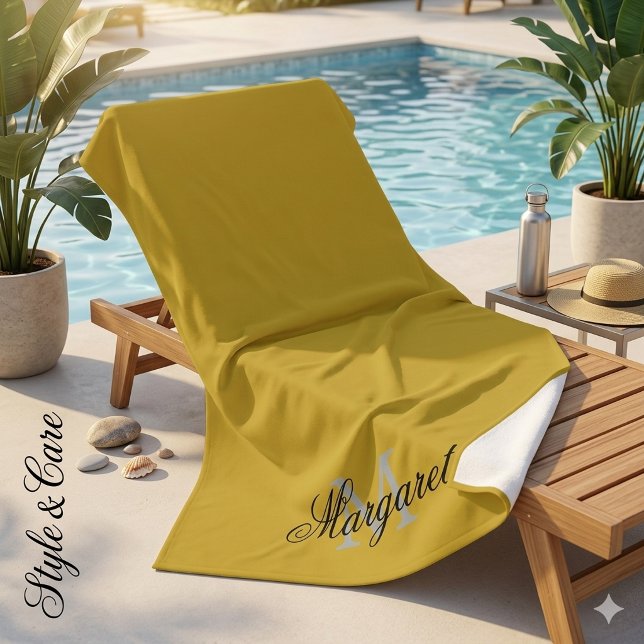 Custom M Gold Beach Towel with Name and Initial (Custom M Gold Beach Towel with Name and Initial)