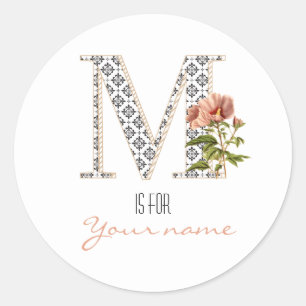 Custom M Name Floral Flower Classy Letter M Modern Classic Round Sticker