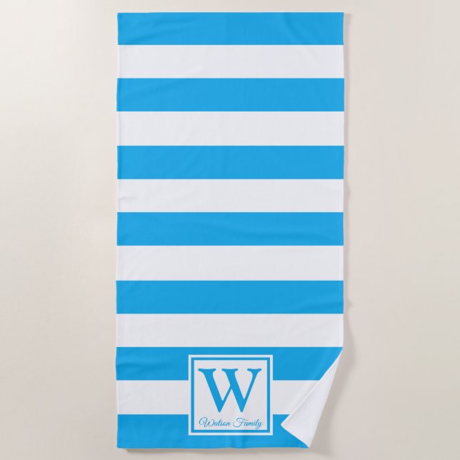 Custom Made Family Monogram Cerulean Blue Stripes Beach Towel (Front)