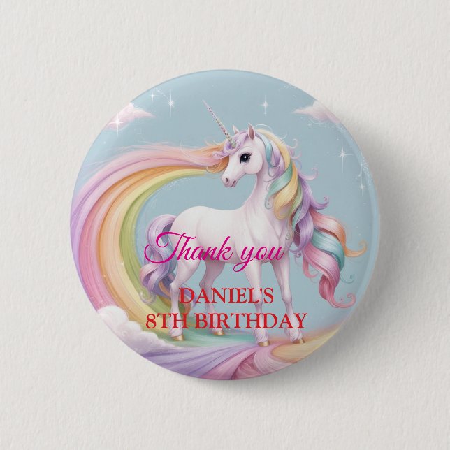 Custom Magical Unicorn Rainbow Birthday Party 2 Inch Round Button (Front)