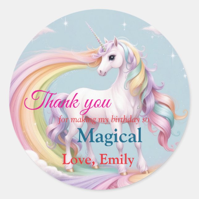 Custom Magical Unicorn Rainbow Birthday Party Classic Round Sticker (Front)