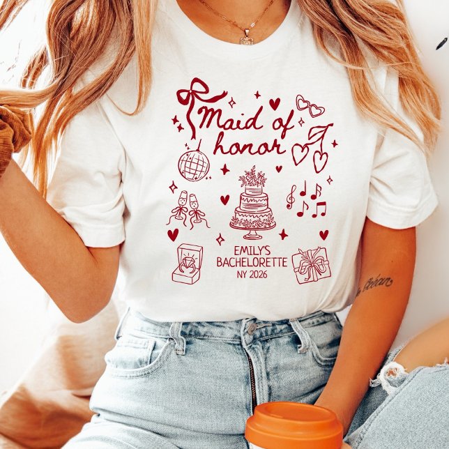 Custom Maid of Honor Coquette Red Bow Bachelorette T-Shirt (Creator Uploaded)