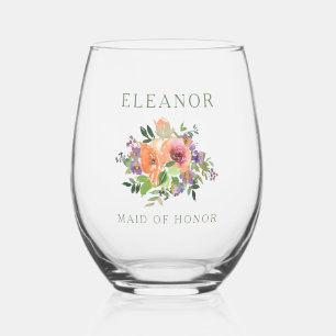 Custom MAID OF HONOR Name Watercolor Orange Floral Stemless Wine Glass