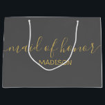 Custom Maid of Honour Name Girly Gold Script Grey Large Gift Bag<br><div class="desc">Personalized Modern Girly Chic Feminine Gold Script Grey Maid of Honour Gift Bag
Customized gift bags for your event! 
A perfect touch to your wedding,  reception,  shower,  party or event.</div>