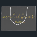 Custom Maid of Honour Name Girly Gold Script Grey Large Gift Bag<br><div class="desc">Personalized Modern Girly Chic Feminine Gold Script Grey Maid of Honour Gift Bag
Customized gift bags for your event! 
A perfect touch to your wedding,  reception,  shower,  party or event.</div>