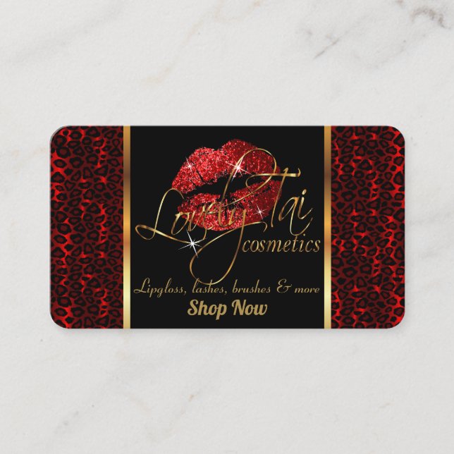Custom  Makeup Artist with Leopard & Red Lips Business Card (Front)