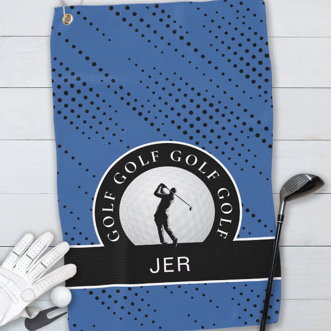 Custom Male Golfer Silhouette Pattern Blue Black G Golf Towel (Creator Uploaded)