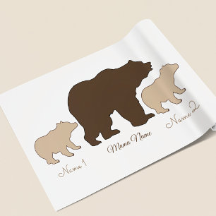 Custom Mama Bear With 2 Kid Names Mothers Day Gift Wrapping Paper Sheet