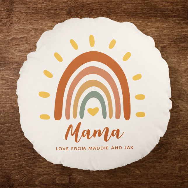 Custom Mama Boho Modern Stylish Rainbow Sun Round Pillow (Creator Uploaded)