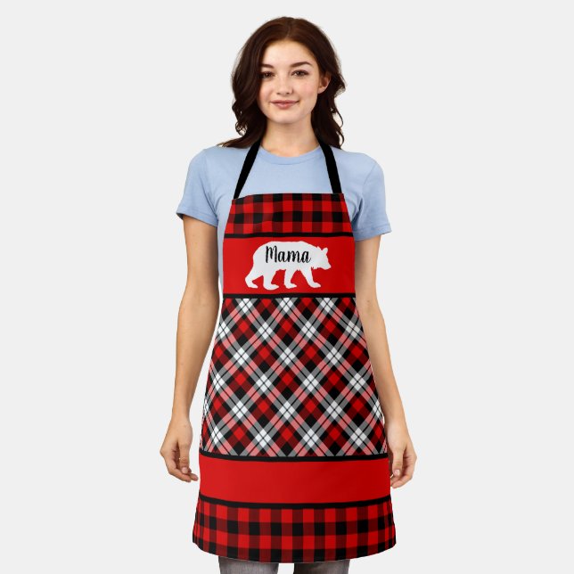 Custom Mama Papa Bear On Red Black Buffalo Checks Apron (Worn)