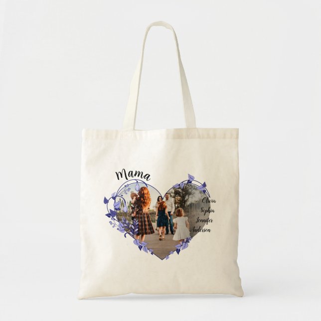 Custom Mama With Kids Names & Photo | flower heart Tote Bag (Front)