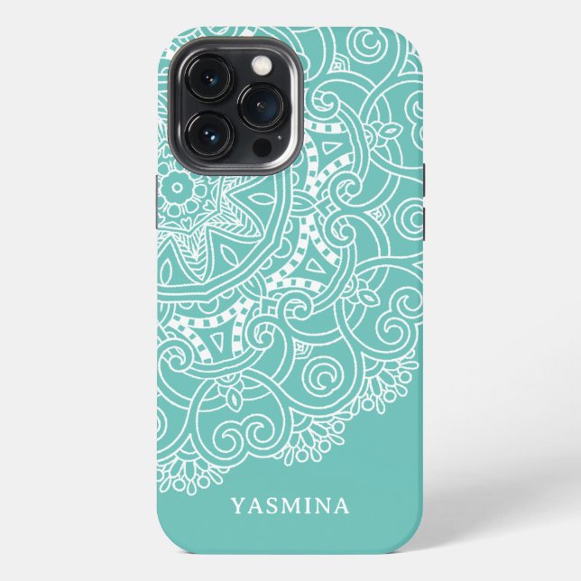 Custom Mandala Art Pattern On Light Teal Blue iPhone Case (Back)