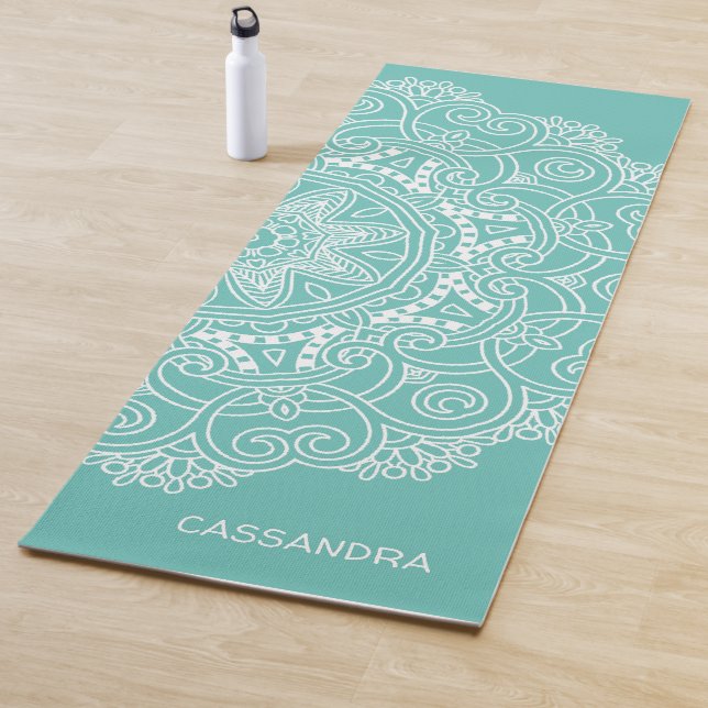 Custom Mandala Art Pattern On Light Teal Blue Yoga Mat (In Situ)